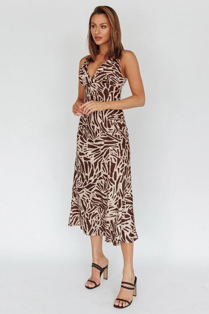 Turin V-Neckline Print Midi Dress Chocolate