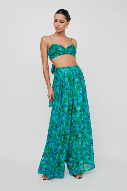 Tammi Wide Leg Satin Pants Floral Green