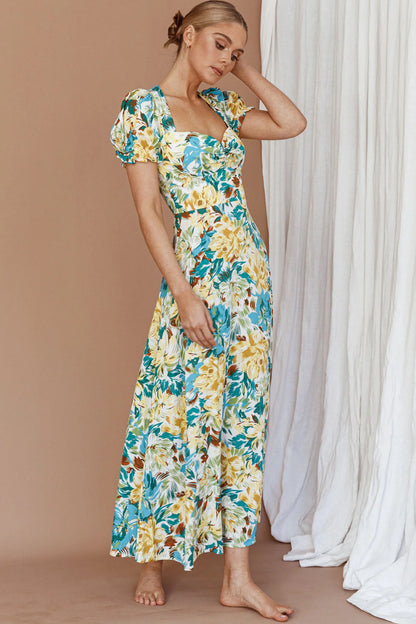 Montebello Puff Sleeve Maxi Dress Floral Blue/Yellow