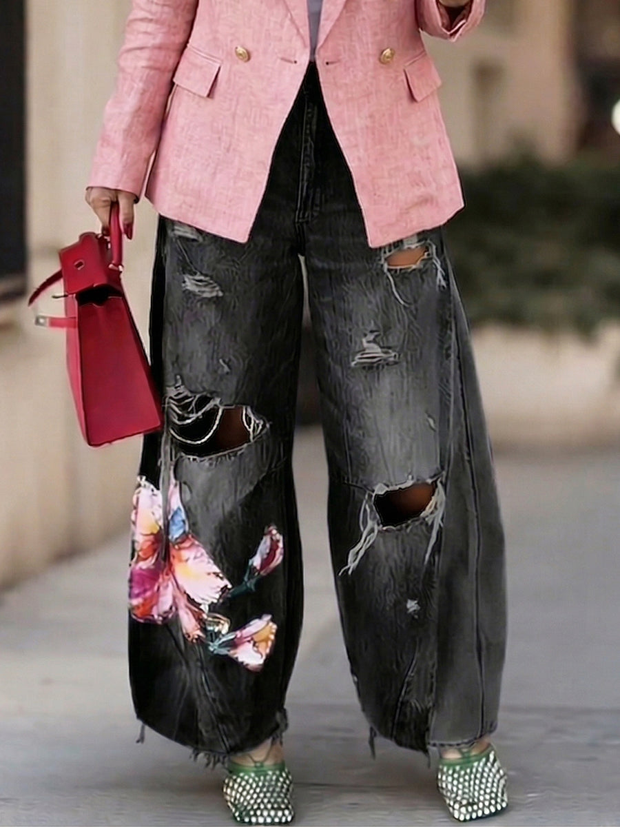 Stylish & Elegant Floral-print Loose-fit Ripped Jeans
