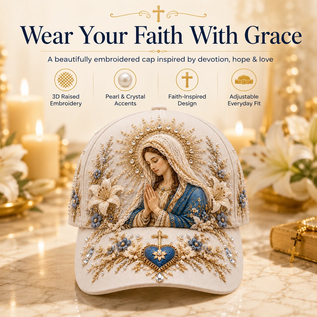 ❤️Sacred Faith Embroidered Baseball Cap | 3D Raised Christian Design, Unisex Comfortable Adjustable Hat for Church, Outdoor Walks & Daily Wear ✝️✨