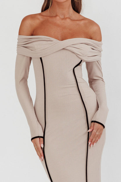 Genesis Off-Shoulder Long Sleeve Maxi Dress Pebble