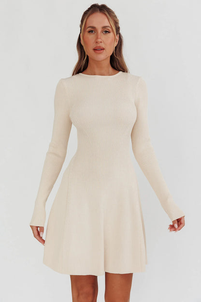 Intuitions Long Sleeve Ribbed Knit Dress Cream