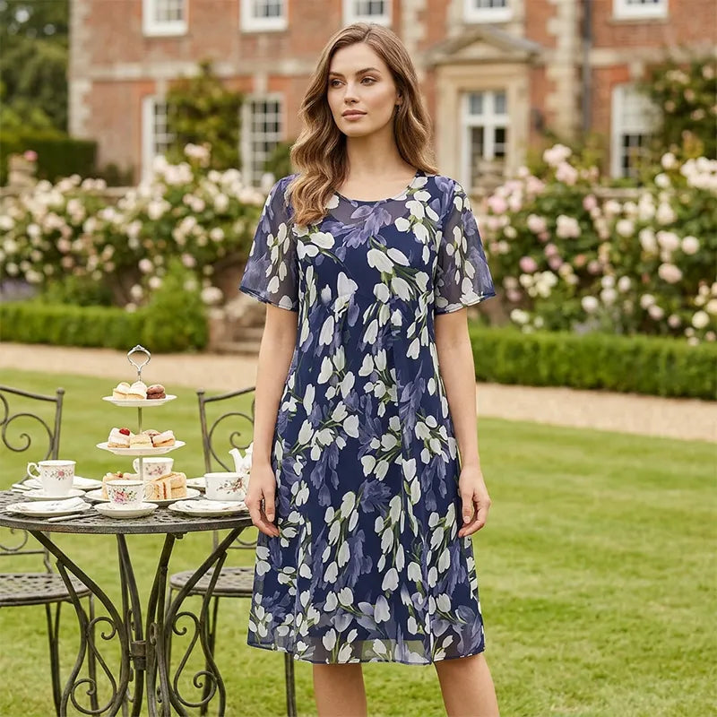 ✨ Women's A-Line Floral Dress — Double-Layer Chiffon, Elegant Print, Knee-Length Cut 👗