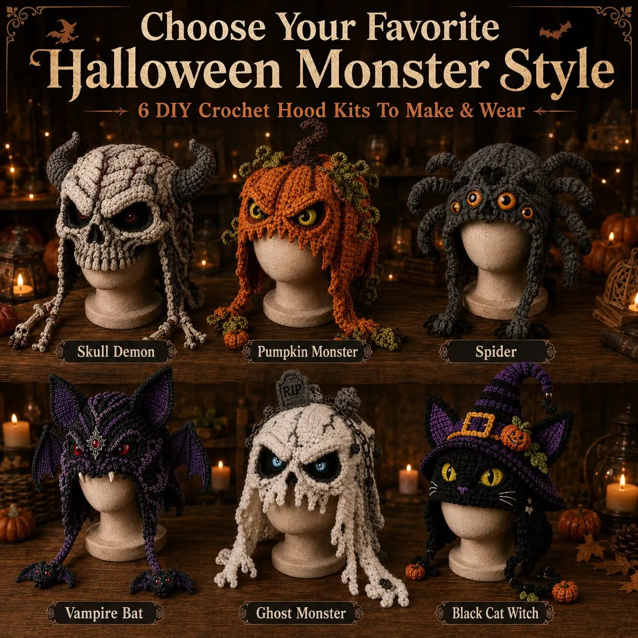 🔥 LAST DAY 49% OFF – 🎃 Halloween Monster Hood DIY Crochet Kit | Premium Soft Yarn Materials with Step-by-Step Guide DIY Handmade Wearable Character Hood 🧶🎭✨