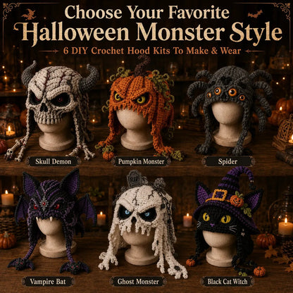 🔥 LAST DAY 49% OFF – 🎃 Halloween Monster Hood DIY Crochet Kit | Premium Soft Yarn Materials with Step-by-Step Guide DIY Handmade Wearable Character Hood 🧶🎭✨