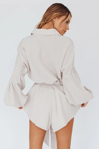 Daytona Beach Long Sleeve Shirt Romper Beige Stripe