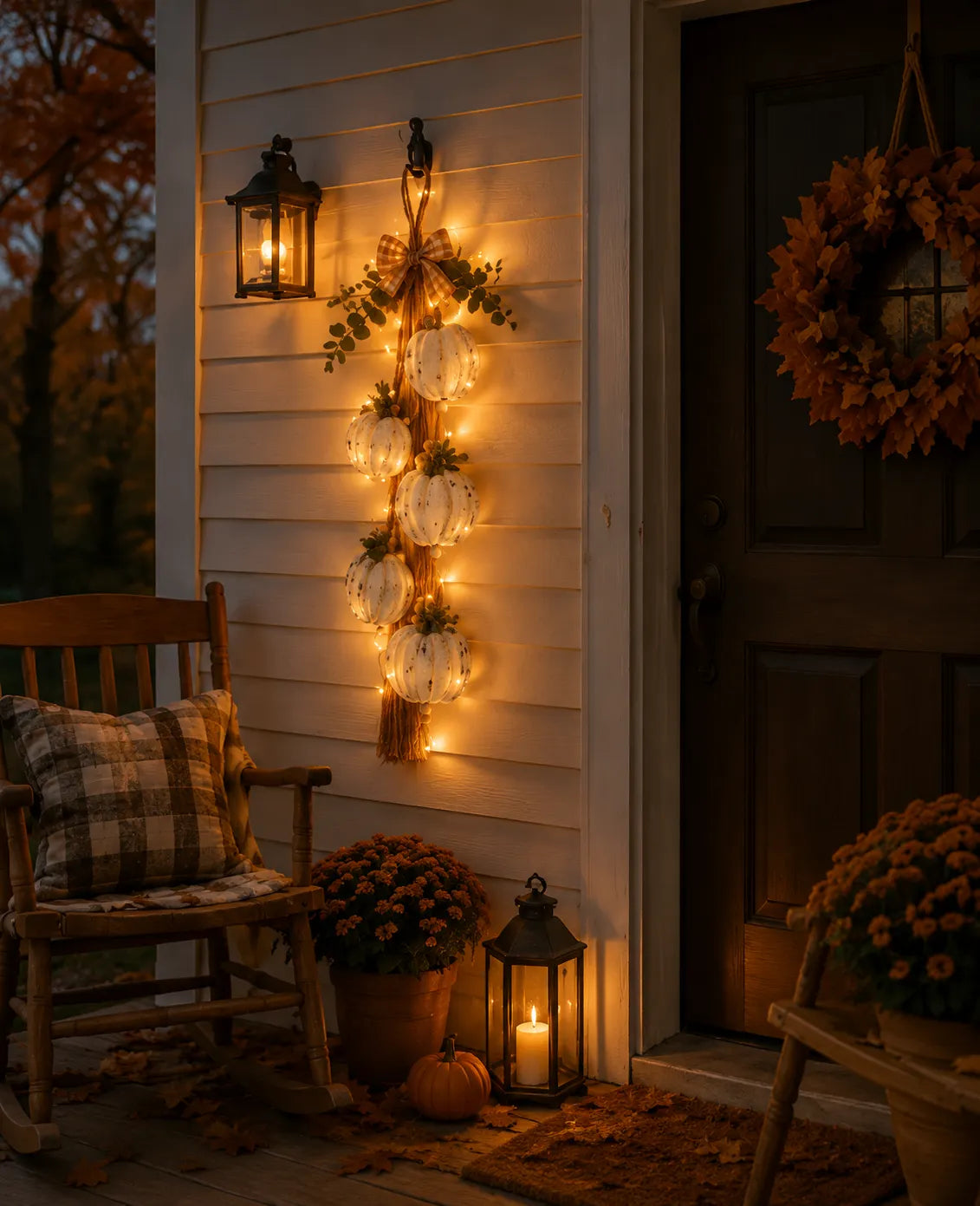 Rustic White Pumpkin Hanging Swag – 5-Pumpkin Fall Wall & Door Decor