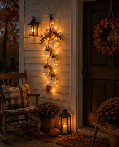 Rustic White Pumpkin Hanging Swag – 5-Pumpkin Fall Wall & Door Decor