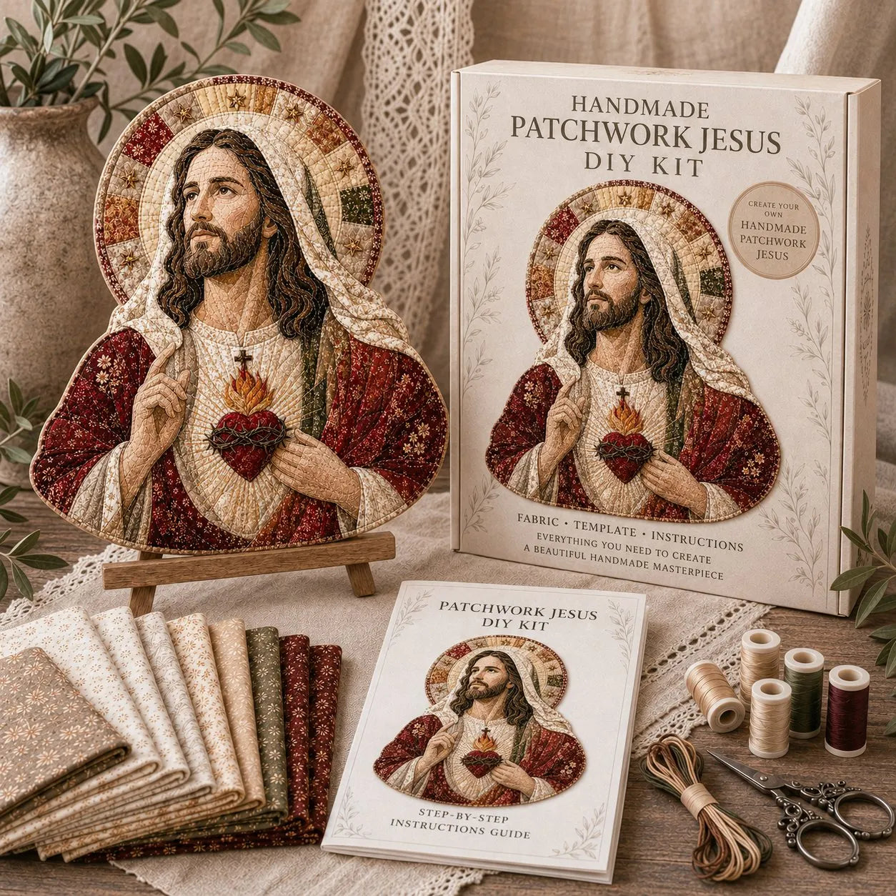 ✝️🧵 Premium Handmade Patchwork Jesus DIY Kit | High-Quality Layered Fabric with Stitched Details DIY Handmade Devotional Decor 🕊️✨