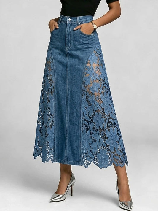 Casual Spliced lace Denim Skirt