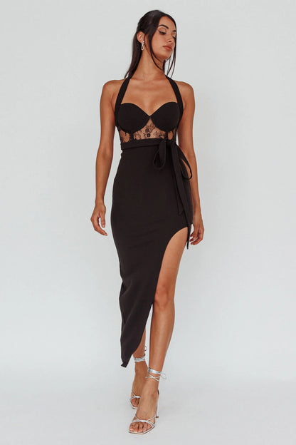 Jonetta Lace Insert Halterneck Midi Dress Black