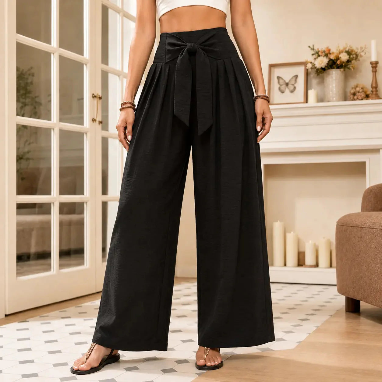 High Waisted Tie Front Wide Leg Pants for Women