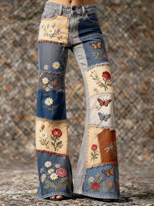 Women's Vintage Floral Patchwork Art Print Casual Cotton Denim Jeans