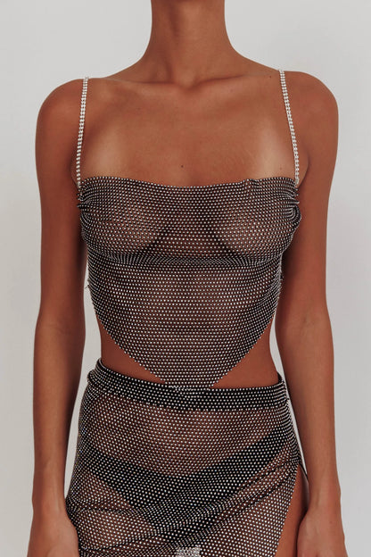 Eden Nights Diamante Mesh Top Black