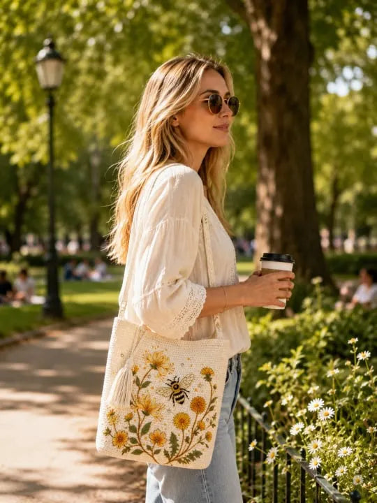 🐝🧶Handmade Crochet Bee/Hummingbird Embroidered Tote Bag🌼