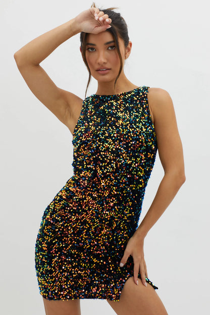 Bedazzle Keyhole Back Sequin Mini Dress Navy
