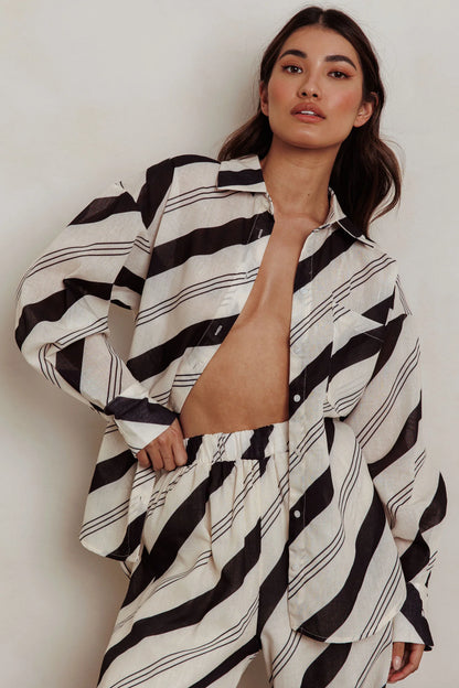 Alex Long Sleeve Striped Print Shirt Black/Cream