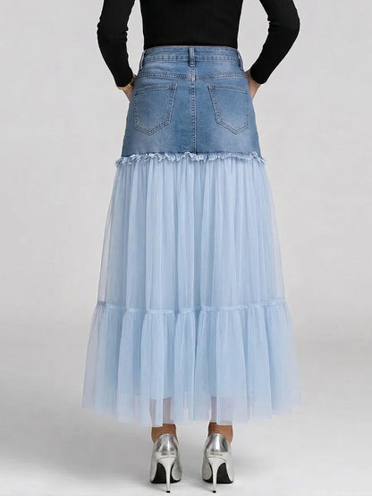 Women's High-waisted Loose-fit Casual Denim-paneled Skirt