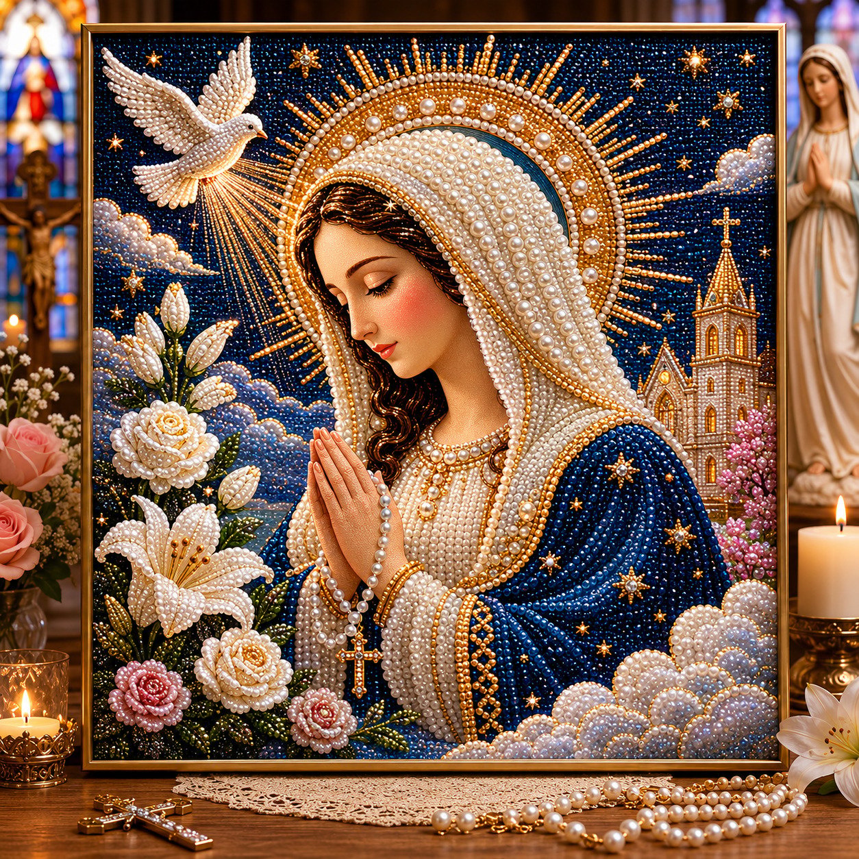 New Arrivals 49% OFF-2026  Divine Pearl Bead Virgin Mary Icon – A Peaceful DIY Faith Art Gift