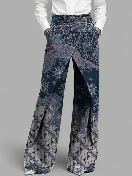 Women's Vintage Floral Mixed-pattern Decorations High-waisted Casual Loose-fitting Wide-leg Jeans