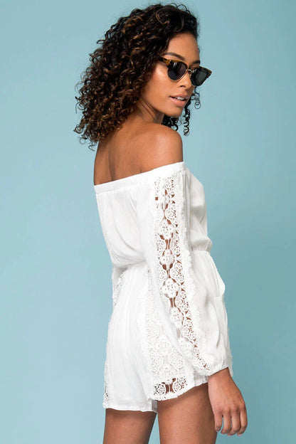 Eliana Off The Shoulder Lace Sleeve Romper White