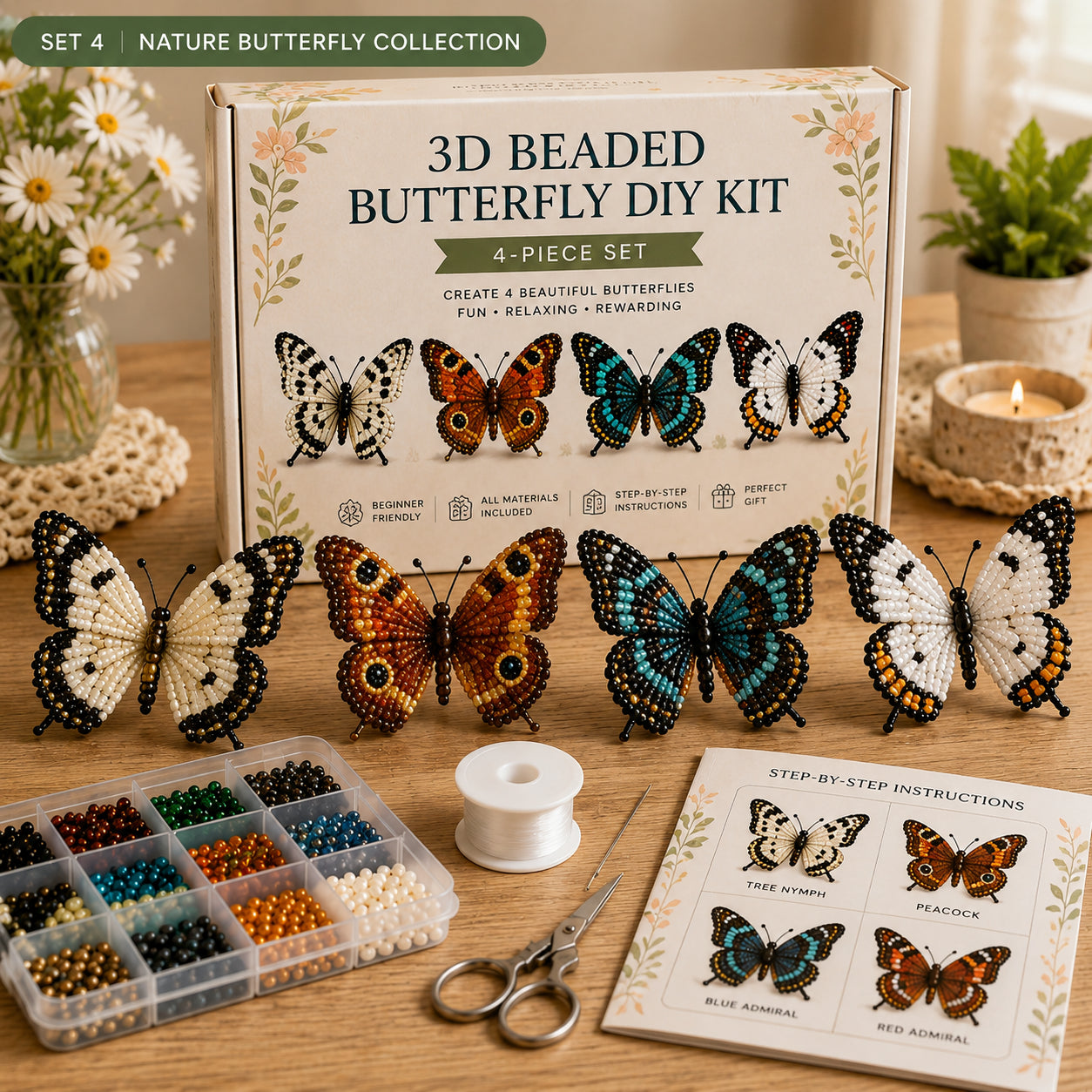 3D Beaded Butterfly DIY Kit – 4-Piece Butterfly Craft Set