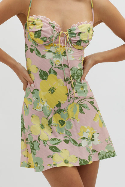 Fortune Lace Trim Bust Tie Mini Dress Floral Pink