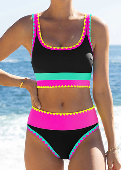 🎁New Arrival 50% OFF💥Color Block Patchwork Nylon Sporty 3-Piece Bikini Set - High Waisted & Tummy Control Swimsuit👙🌈