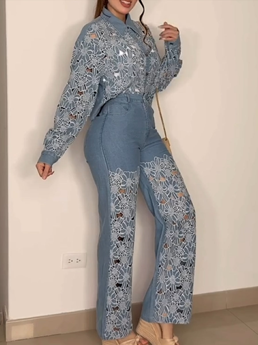 Casual Patchwork Embroidered Denim Shirt And Jeans Two-piece Set