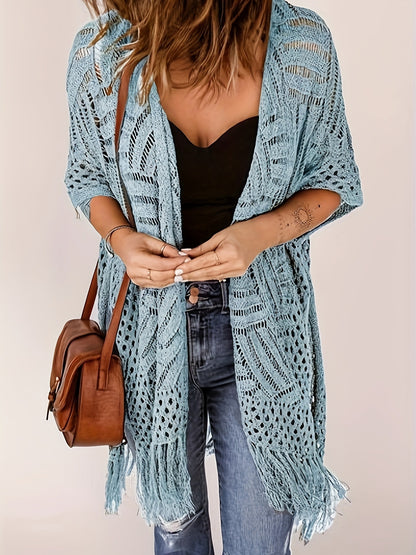 Women's Open-Front Knit Cover-Up with Tassel Fringe – Bohemian & Lightweight – Beach Essential