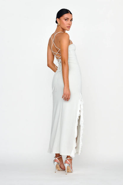 Rosilyn Split Ruffle Midi Dress Silver
