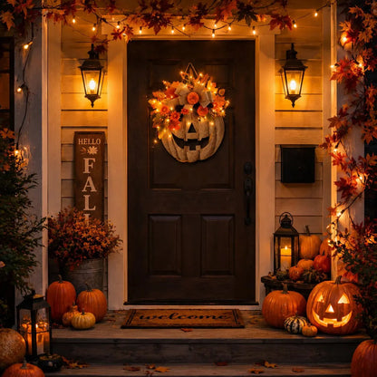 🎃 Lighted Burlap Pumpkin Wreath