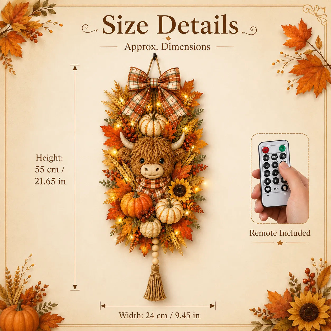 🐮🏡 Highland Cow Harvest Door Decoration with Warm Lights