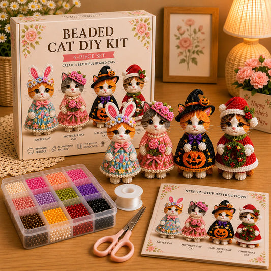 Beaded Cat DIY Kit – 4-Piece Handmade Floral Cat Collection for Adults