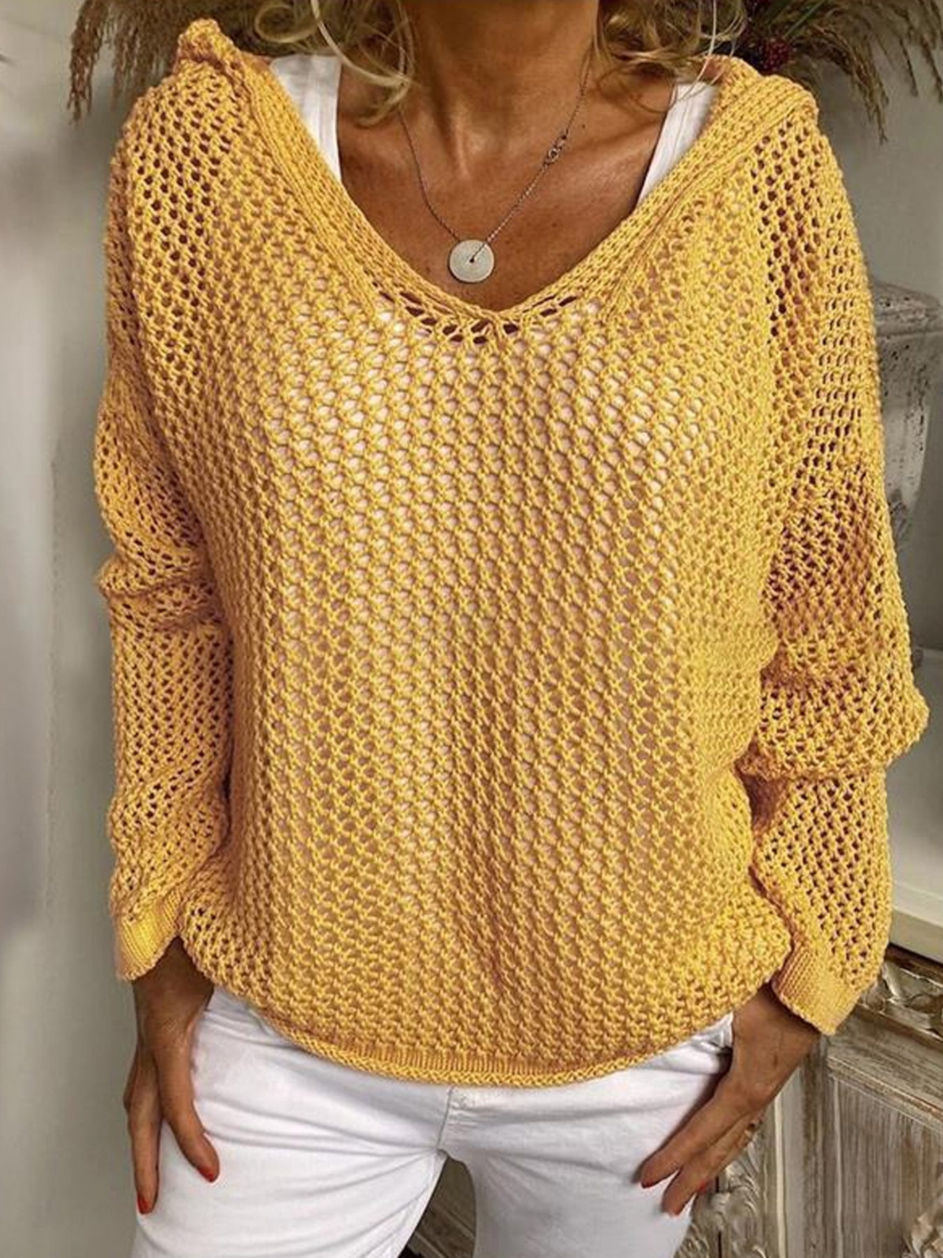 Loose-fit open-knit hooded sun-protection cardigan