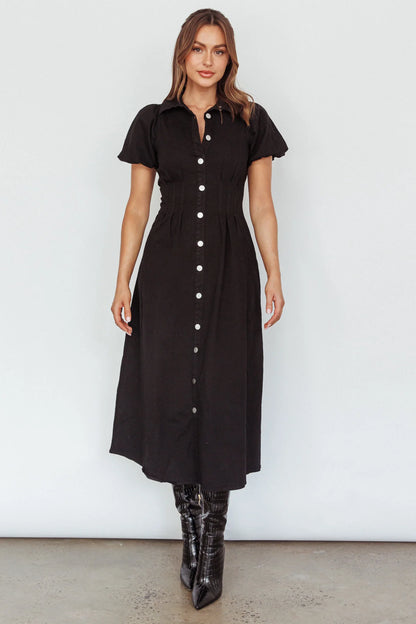 Zurich Pleated Waist Midi Dress Black