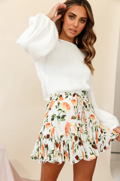 Robyn Flounce Mini Skirt Rose Print White/Orange