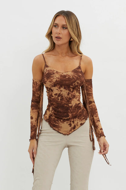 Elektra Off-Shoulder Mesh Top Brown