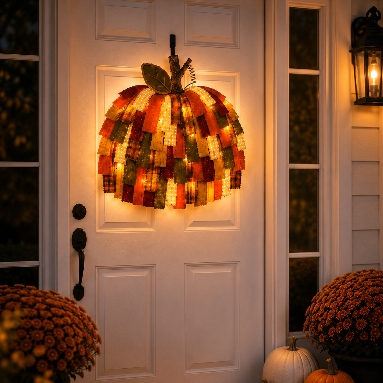 Lighted Patchwork Pumpkin Door Hanger