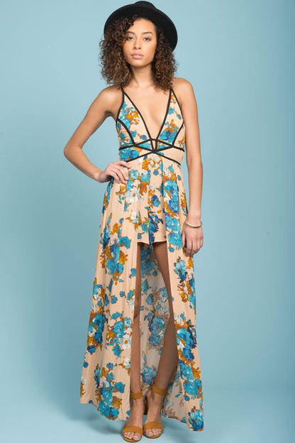 Tiana Floral Maxi Romper Mocha