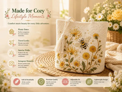 🐝🧶Handmade Crochet Bee/Hummingbird Embroidered Tote Bag🌼