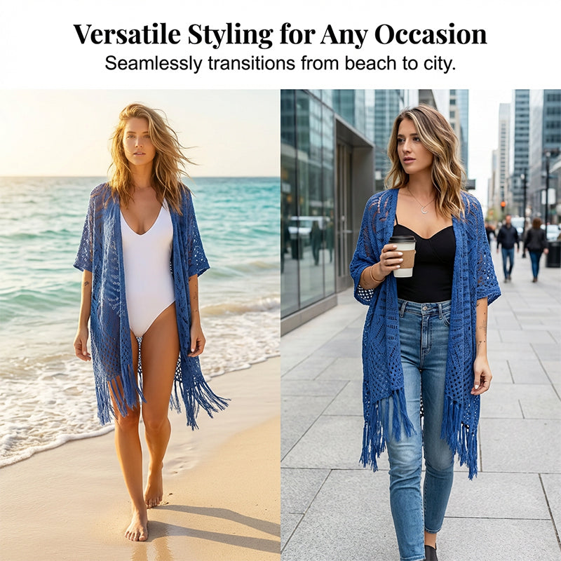 Women's Open-Front Knit Cover-Up with Tassel Fringe – Bohemian & Lightweight – Beach Essential