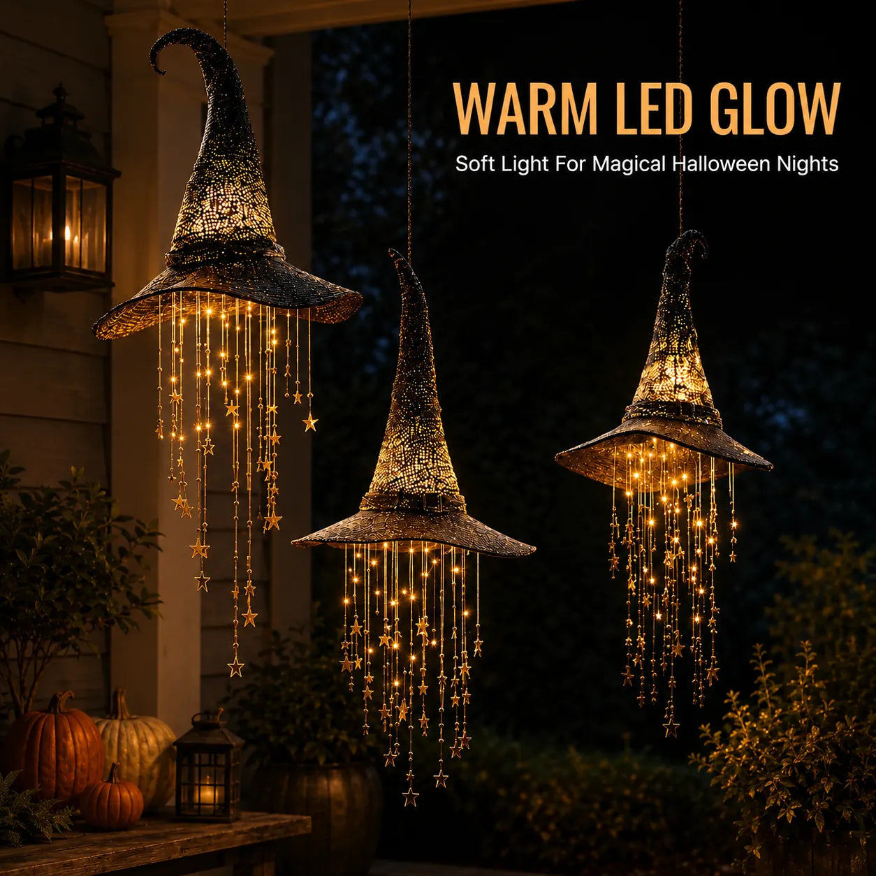 🧙‍♀️✨ Lighted Witch Hat Hanging Decor with Cascading Stars