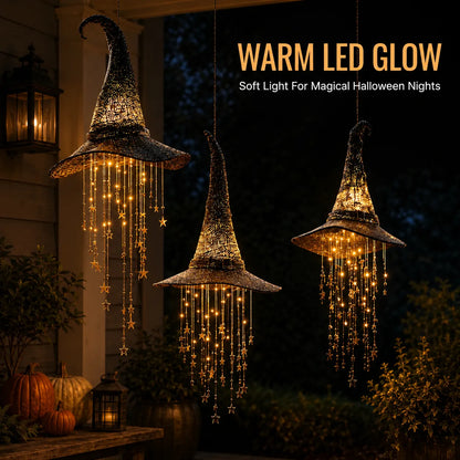 🧙‍♀️✨ Lighted Witch Hat Hanging Decor with Cascading Stars