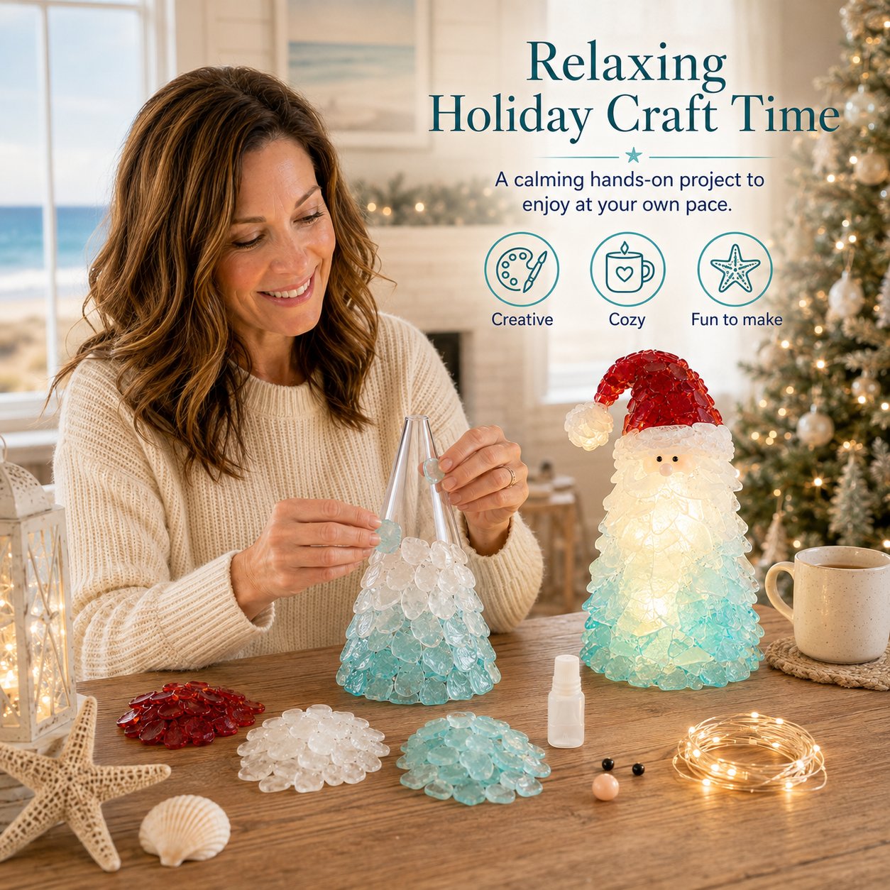 🎅DIY Lighted Sea Glass Santa Christmas Decor Kit | Complete Kit with Sea Glass Pieces, Warm Fairy Lights & Step-by-Step Guide Included 💕