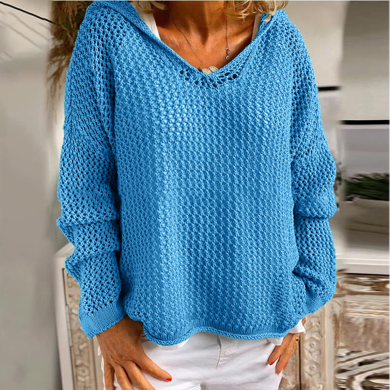 Loose-fit open-knit hooded sun-protection cardigan
