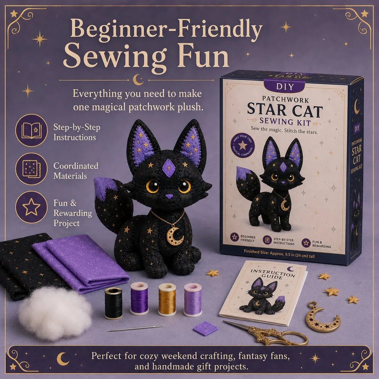 🐱Mystic Patchwork Animal Sewing Kit – DIY Plush Craft Kit with Starry Fabric, Moon Charm