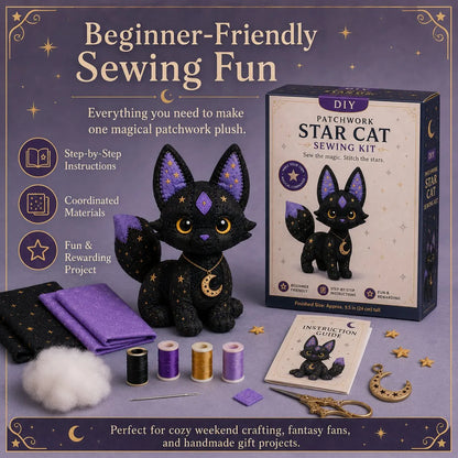 🐱Mystic Patchwork Animal Sewing Kit – DIY Plush Craft Kit with Starry Fabric, Moon Charm