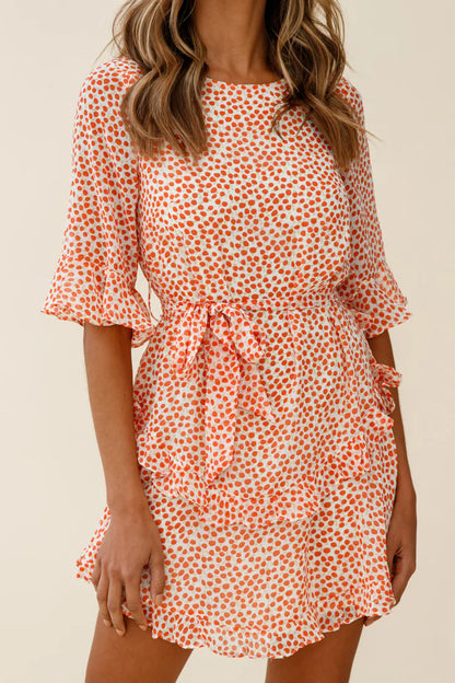 Wife Me Crew Neck Ruffle Insert Dress Polka Dot Orange